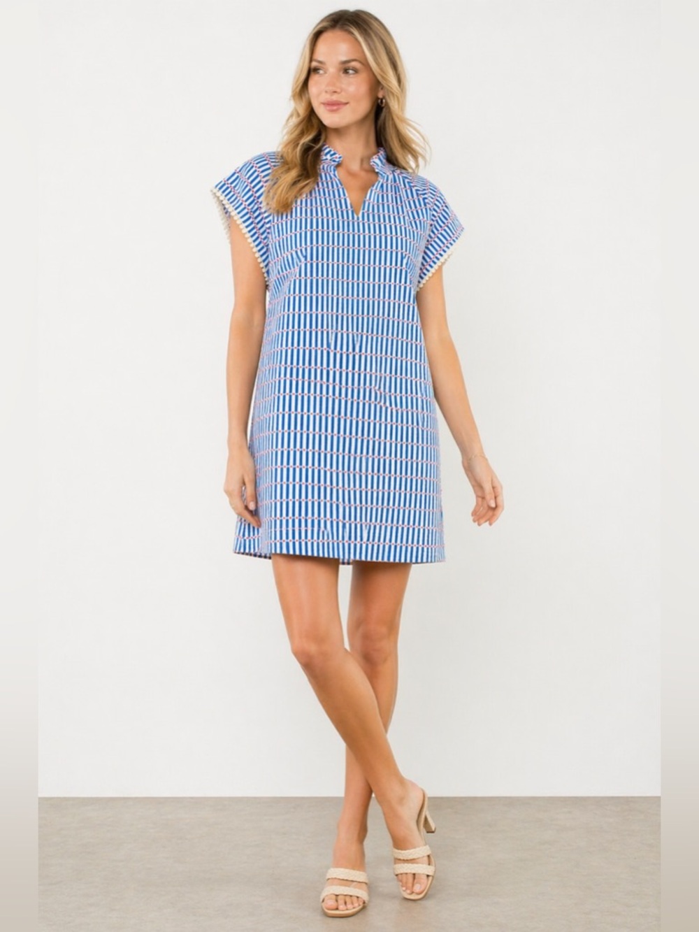 THML Blue Stripe Mini Dress XS Flutter Sleeve Textured Shift